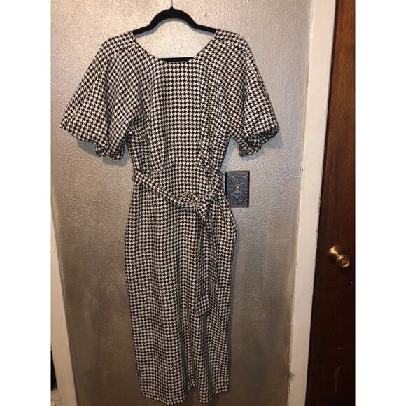 Zara Academia Regency Classic Black & White Houndstooth Puffy Sleeves Dress - Picture 1 of 11